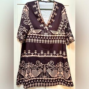 Printed  Short Sleeve V Neck Dress Brown & Tan Women’s Sz LG NEW!